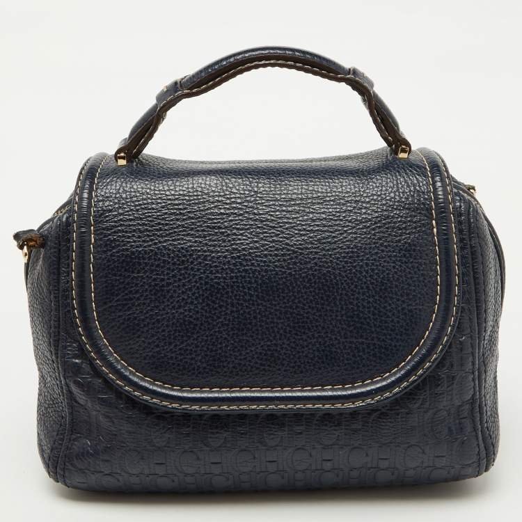 Pre Owned CH Carolina Herrera Navy Blue Monogram Embossed Leather Flap Top Handle Bag