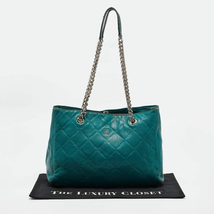 Pre Owned CH Carolina Herrera Green Quilted Embossed Leather Chain Tote