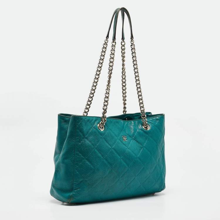Pre Owned CH Carolina Herrera Green Quilted Embossed Leather Chain Tote