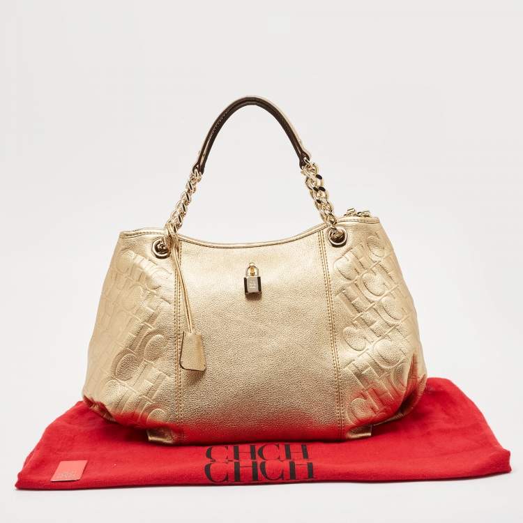 Pre Owned CH Carolina Herrera Gold Monogram Embossed Leather Dahlia Hobo