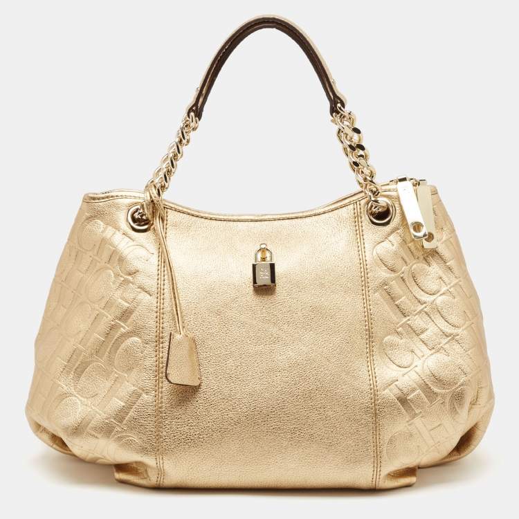 Pre Owned CH Carolina Herrera Gold Monogram Embossed Leather Dahlia Hobo