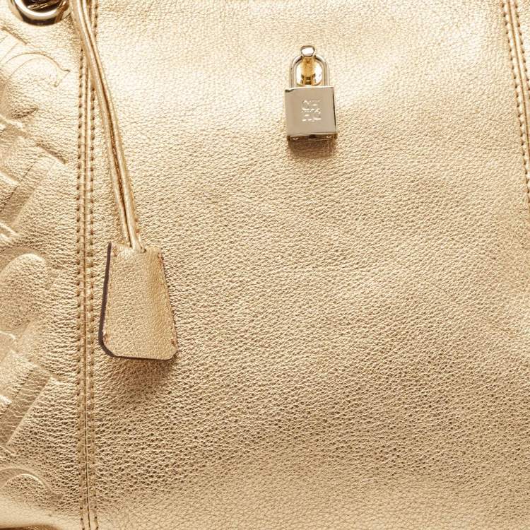 Pre Owned CH Carolina Herrera Gold Monogram Embossed Leather Dahlia Hobo