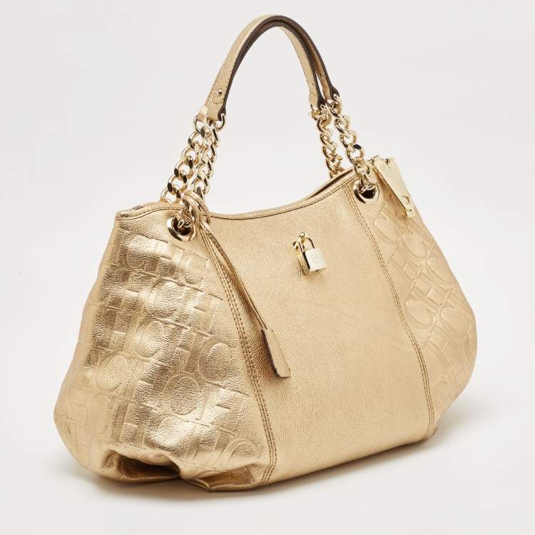 Pre Owned CH Carolina Herrera Gold Monogram Embossed Leather Dahlia Hobo