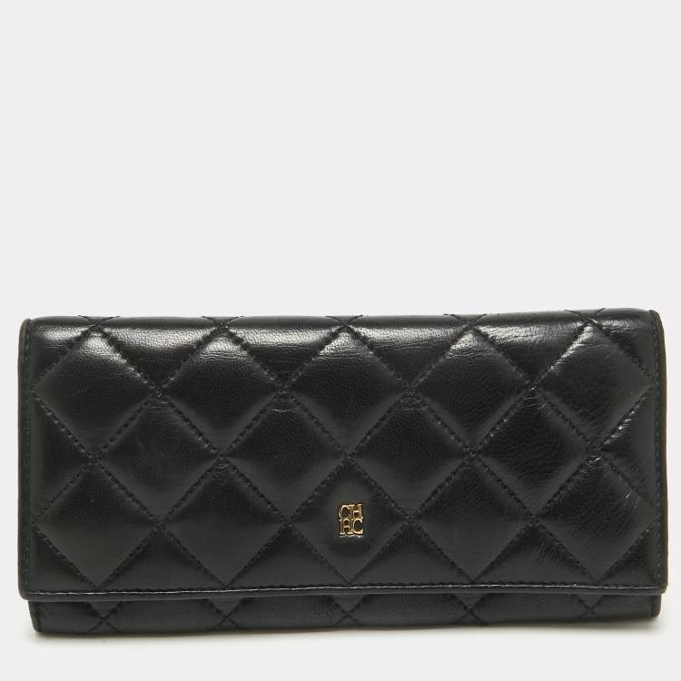 Pre Owned CH Carolina Herrera Black Quilted Leather Trifold Wallet