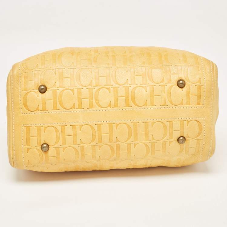 Pre Owned CH Carolina Herrera Yellow Monogram Embossed Leather Large Andy Boston Bag
