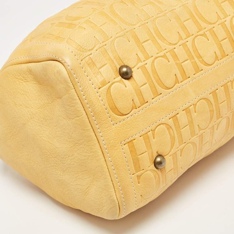 Pre Owned CH Carolina Herrera Yellow Monogram Embossed Leather Large Andy Boston Bag