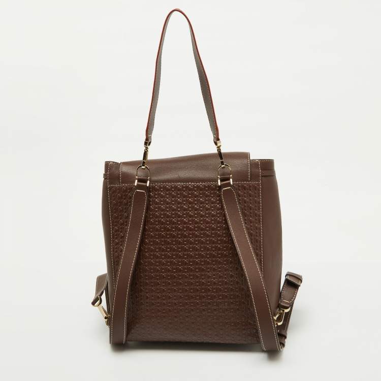 Pre Owned CH Carolina Herrera Brown Monogram Embossed Leather Flap Backpack