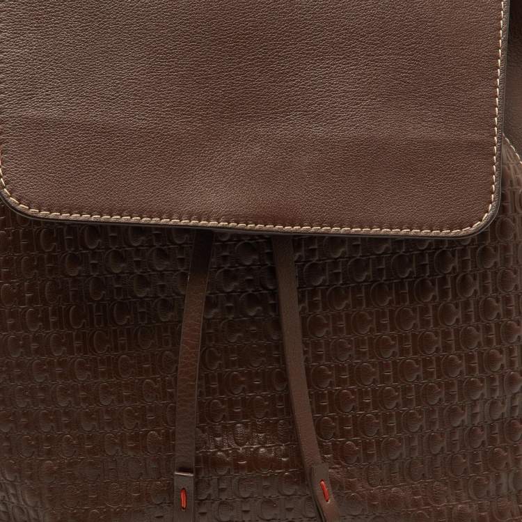 Pre Owned CH Carolina Herrera Brown Monogram Embossed Leather Flap Backpack