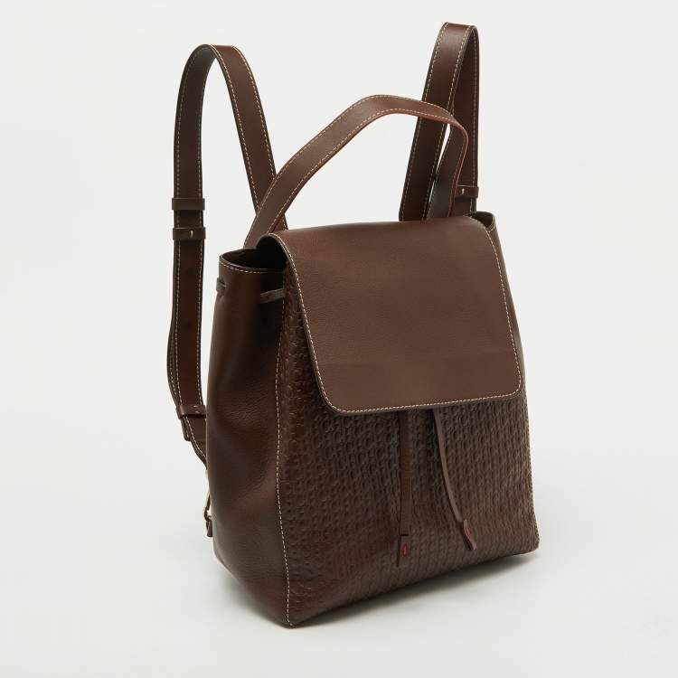 Pre Owned CH Carolina Herrera Brown Monogram Embossed Leather Flap Backpack