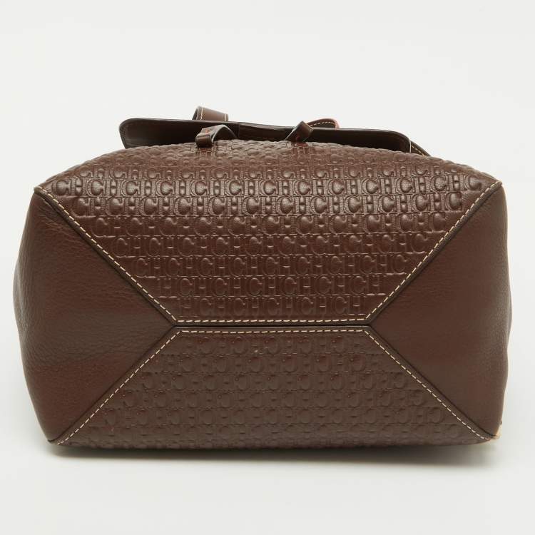 Pre Owned CH Carolina Herrera Brown Monogram Embossed Leather Flap Backpack