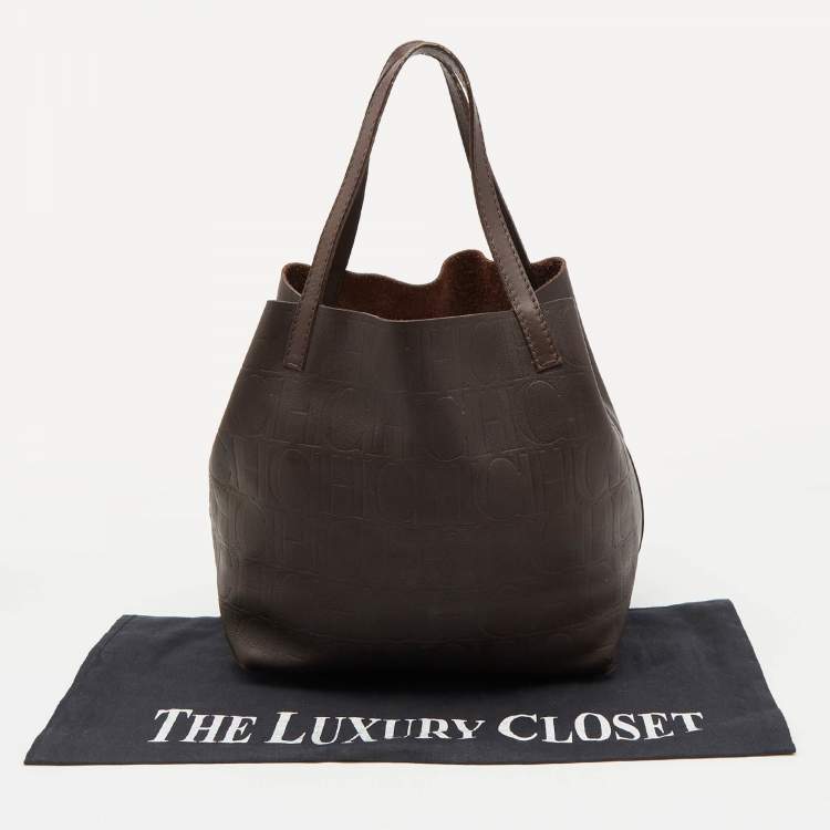 Pre Owned CH Carolina Herrera Choco Brown Monogram Leather Matryoshka Tote