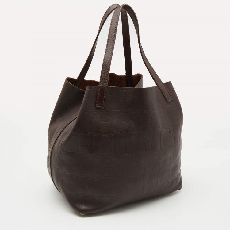 Pre Owned CH Carolina Herrera Choco Brown Monogram Leather Matryoshka Tote