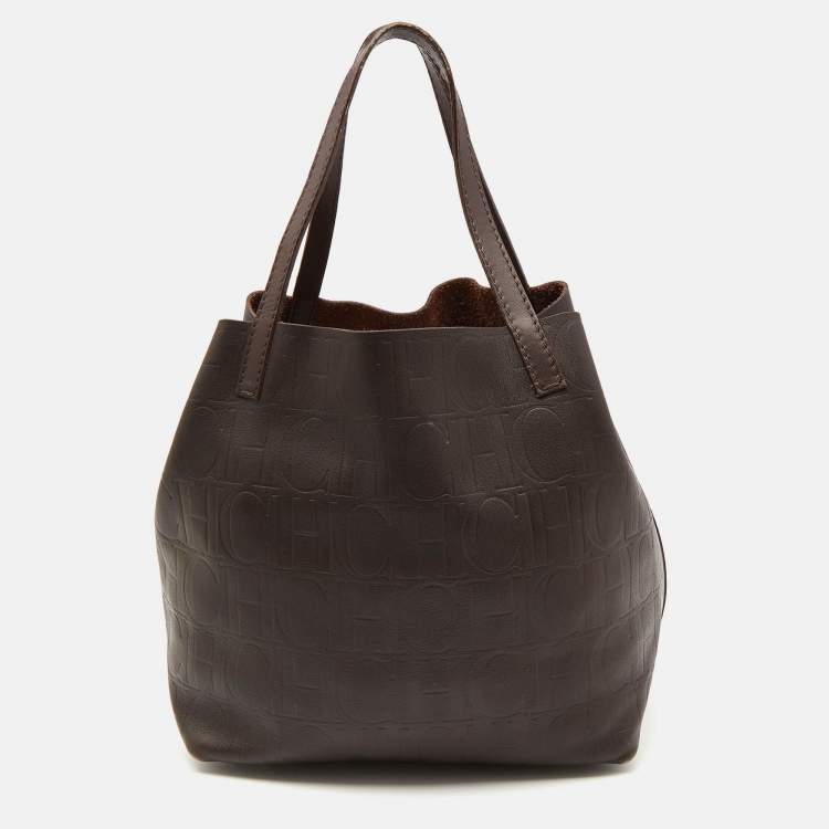 Pre Owned CH Carolina Herrera Choco Brown Monogram Leather Matryoshka Tote