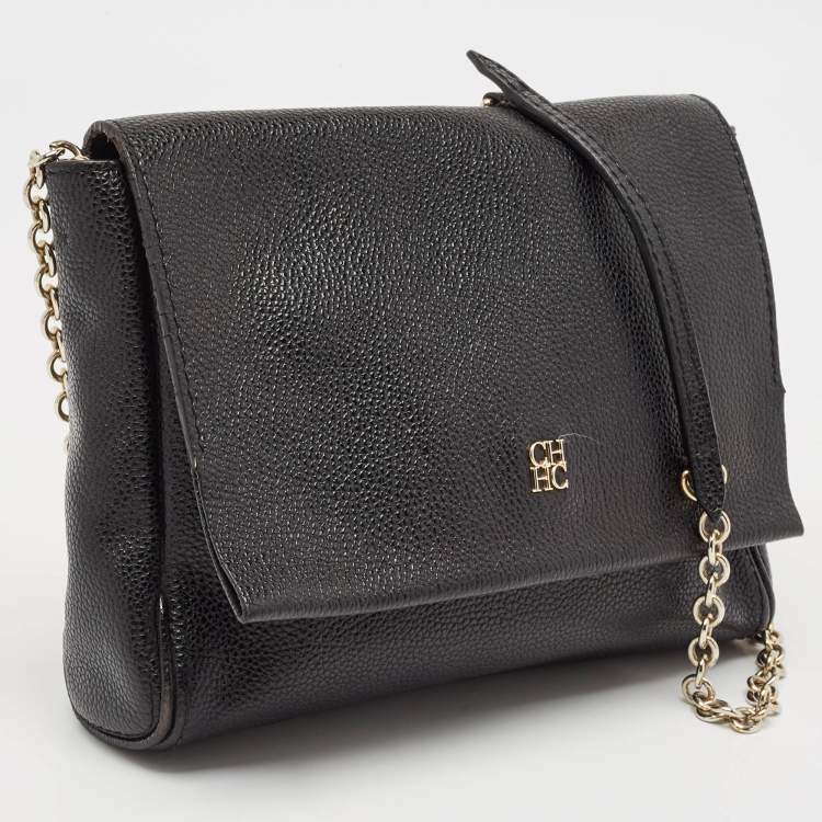 Pre Owned CH Carolina Herrera Black Leather Chain Flap Shoulder Bag
