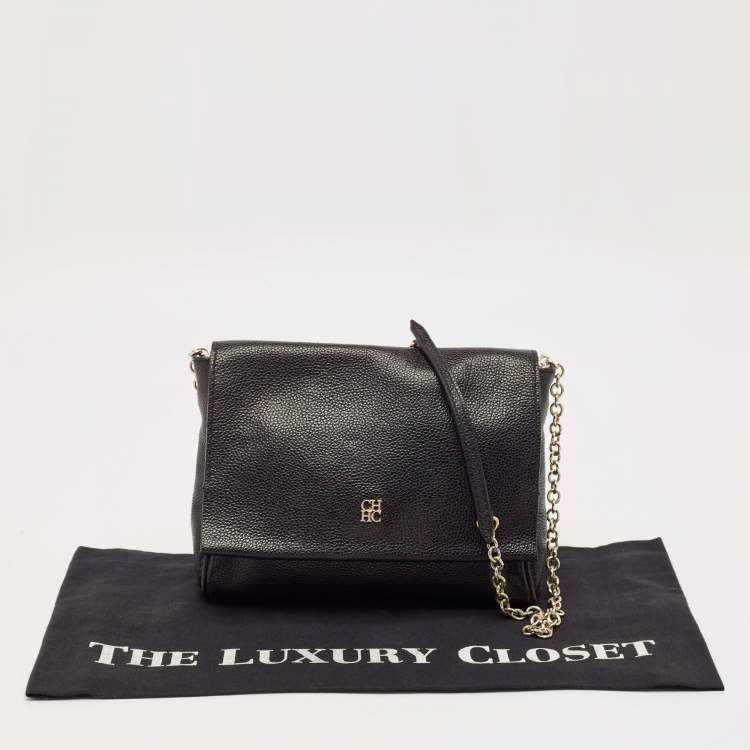 Pre Owned CH Carolina Herrera Black Leather Chain Flap Shoulder Bag