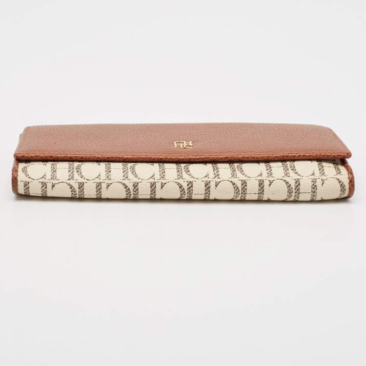 Pre Owned CH Carolina Herrera Brown/White Monogram Leather Flap Continental Wallet