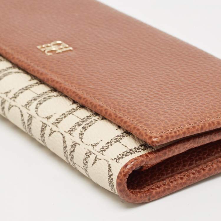 Pre Owned CH Carolina Herrera Brown/White Monogram Leather Flap Continental Wallet