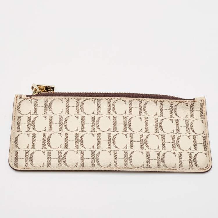 Pre Owned CH Carolina Herrera Brown/White Monogram Leather Flap Continental Wallet