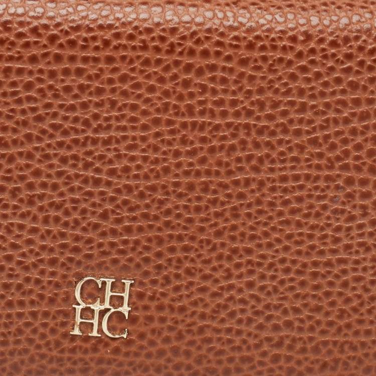 Pre Owned CH Carolina Herrera Brown/White Monogram Leather Flap Continental Wallet