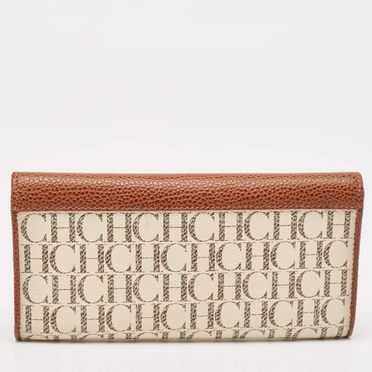 Pre Owned CH Carolina Herrera Brown/White Monogram Leather Flap Continental Wallet