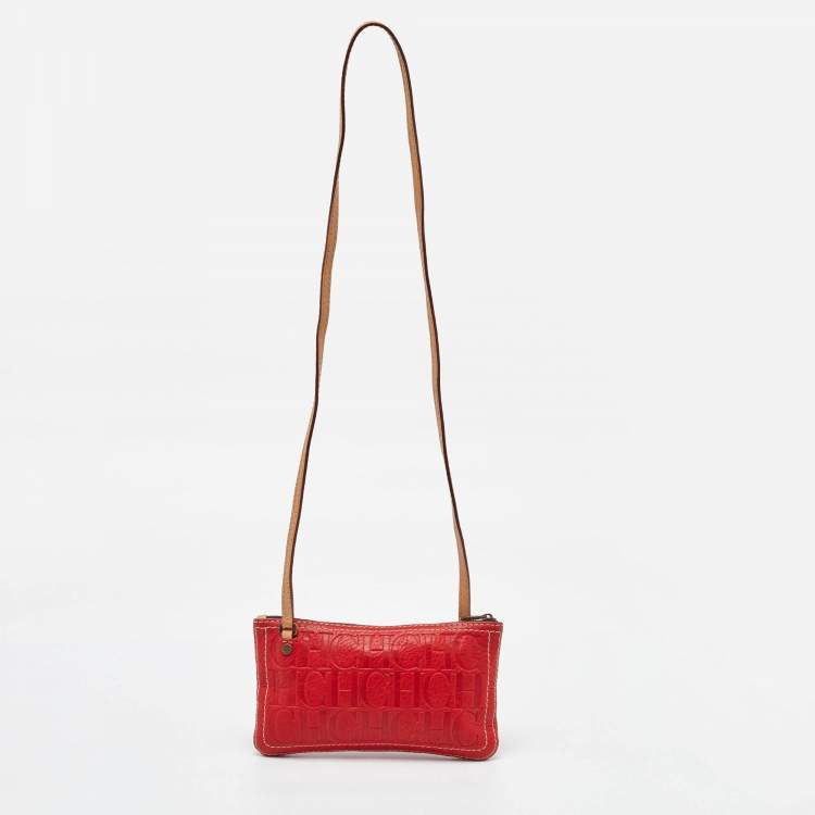Pre Owned CH Carolina Herrera Red Monogram Embossed Leather Shoulder Bag