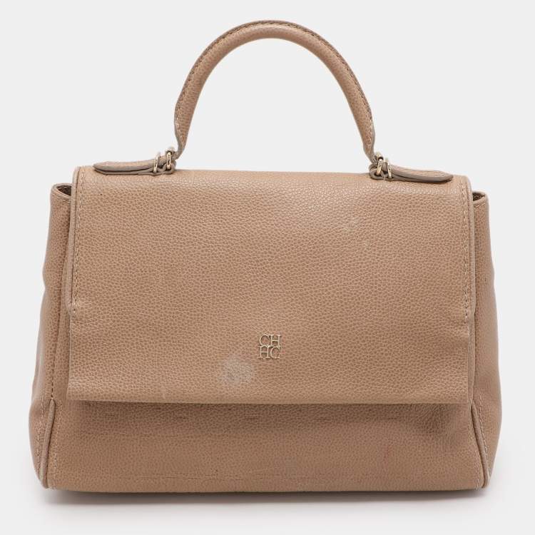 Pre Owned Carolina Herrera Beige Leather Minuetto Flap Top Handle Bag