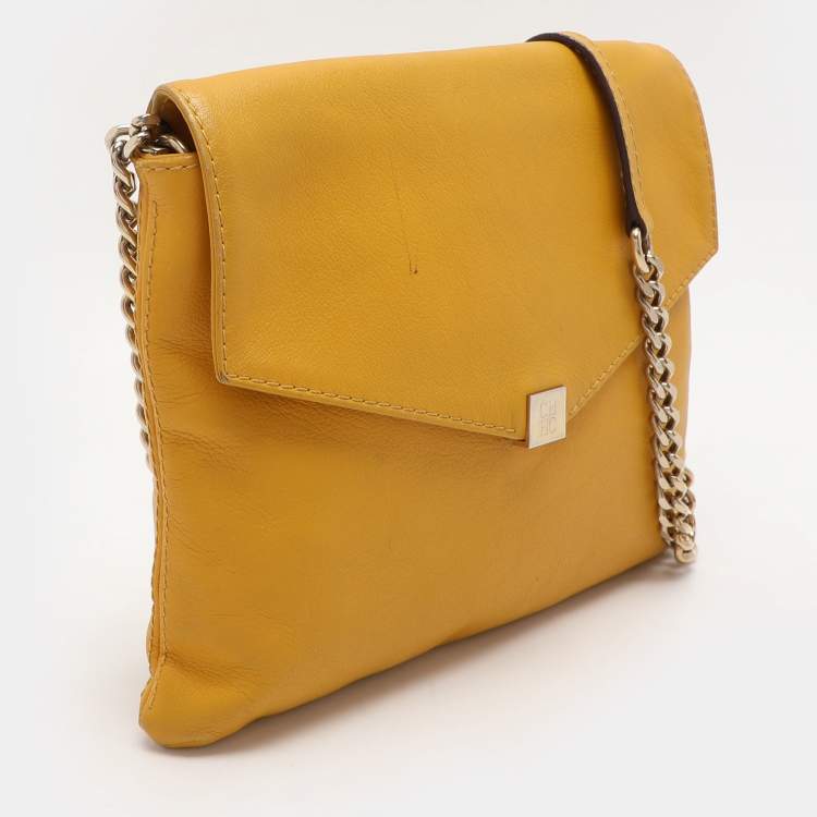 Pre Owned CH Carolina Herrera Yellow Leather Flap Shoulder Bag