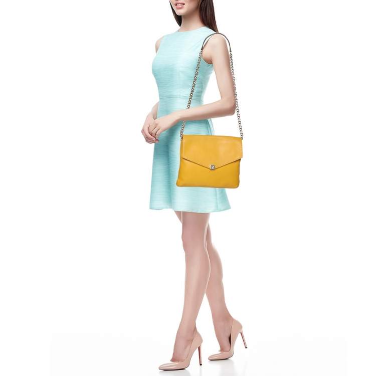 Pre Owned CH Carolina Herrera Yellow Leather Flap Shoulder Bag