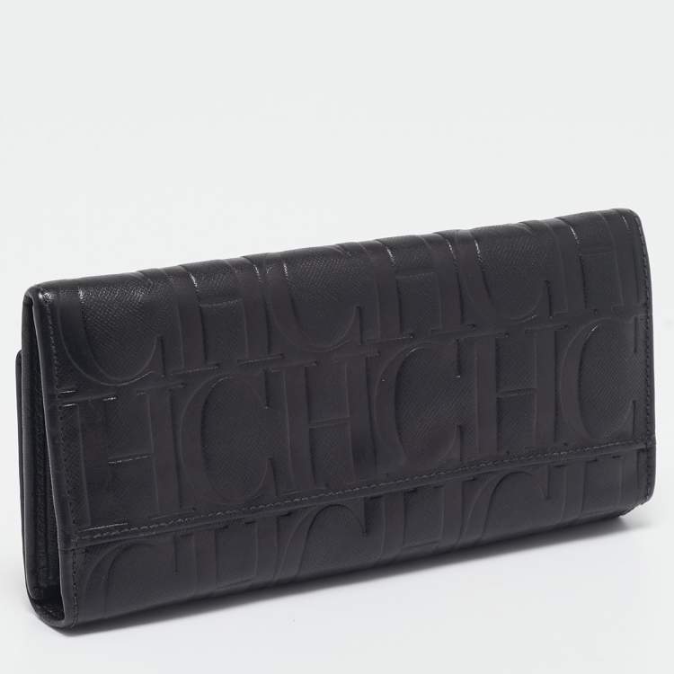 Pre Owned CH Carolina Herrera Black Embossed Leather Continental Wallet