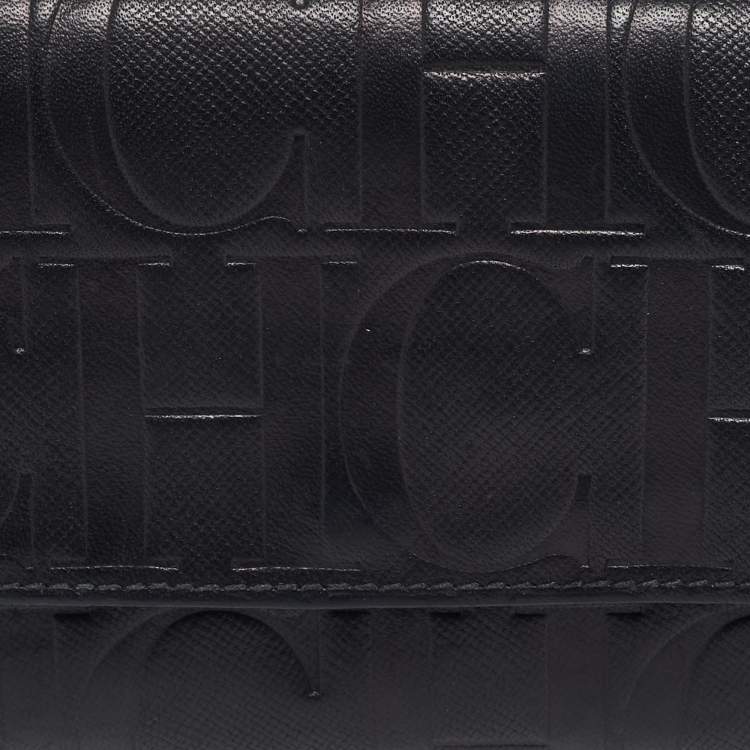 Pre Owned CH Carolina Herrera Black Embossed Leather Continental Wallet