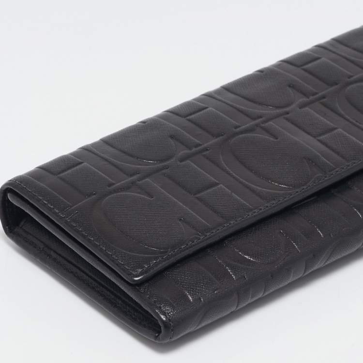 Pre Owned CH Carolina Herrera Black Embossed Leather Continental Wallet