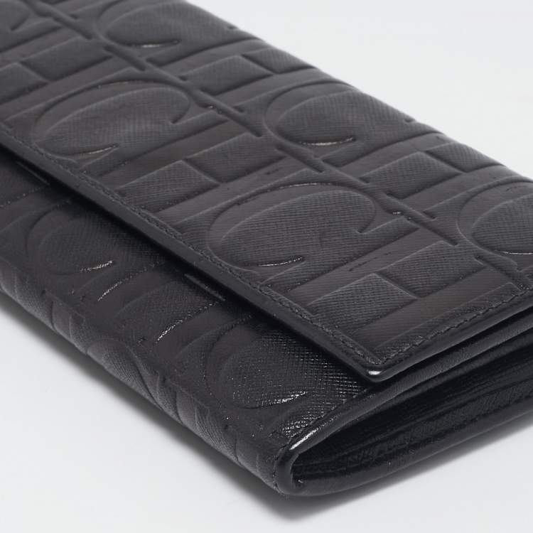 Pre Owned CH Carolina Herrera Black Embossed Leather Continental Wallet