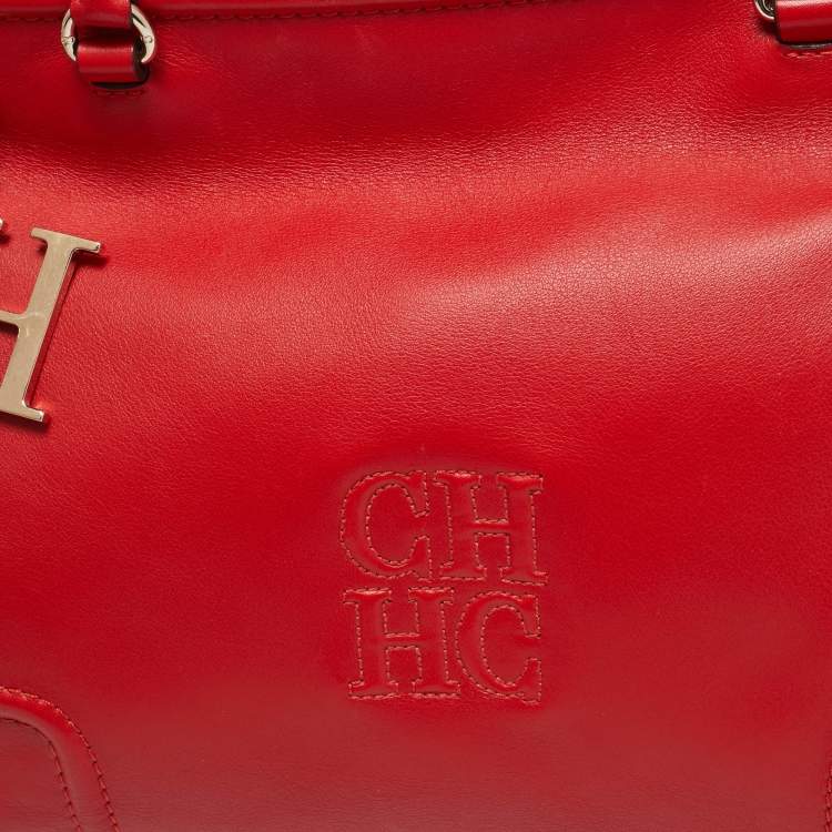 Pre Owned CH Carolina Herrera Red Leather East/West Logo Charm Tote