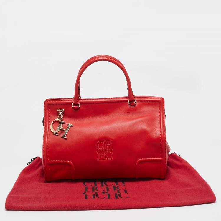 Pre Owned CH Carolina Herrera Red Leather East/West Logo Charm Tote