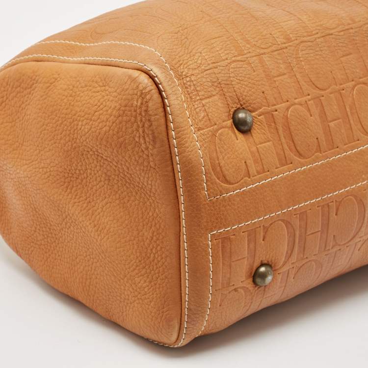 Pre Owned CH Carolina Herrera Tan Monogram Embossed Leather Large Andy Boston Bag