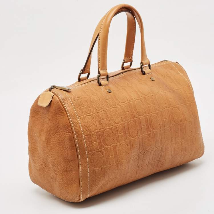 Pre Owned CH Carolina Herrera Tan Monogram Embossed Leather Large Andy Boston Bag