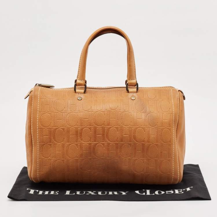 Pre Owned CH Carolina Herrera Tan Monogram Embossed Leather Large Andy Boston Bag