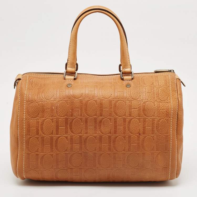 Pre Owned CH Carolina Herrera Tan Monogram Embossed Leather Large Andy Boston Bag