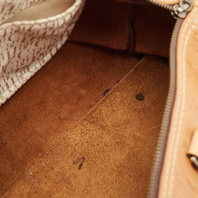 Pre Owned CH Carolina Herrera Tan Monogram Embossed Leather Large Andy Boston Bag