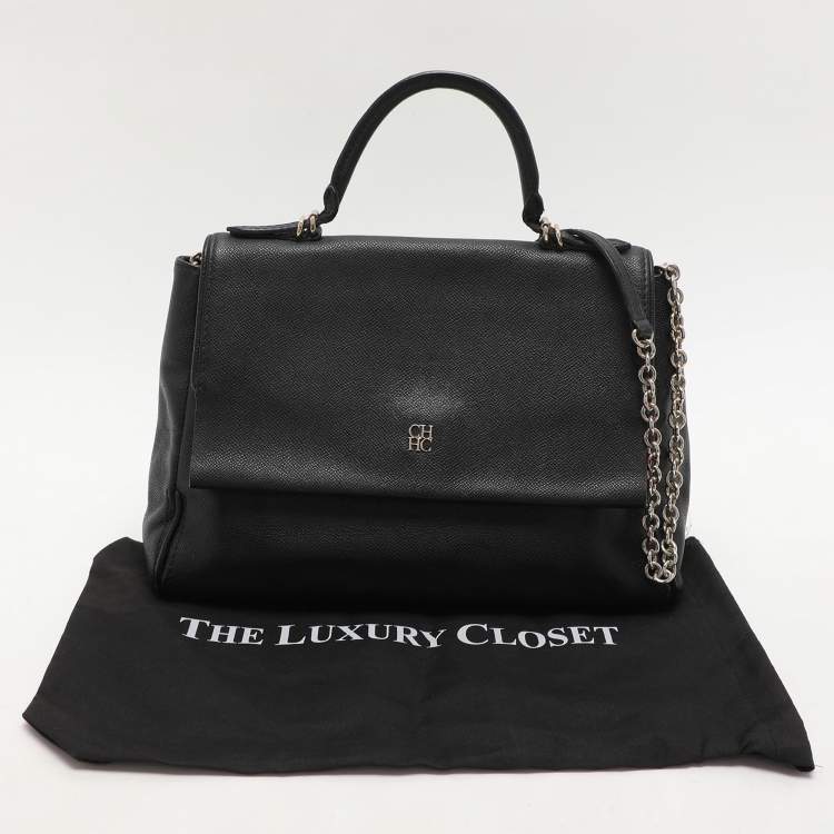 Pre Owned CH Carolina Herrera Black Leather Minuetto Flap Top Handle Bag
