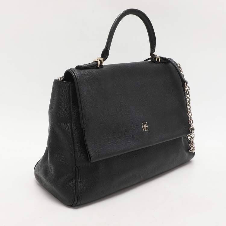Pre Owned CH Carolina Herrera Black Leather Minuetto Flap Top Handle Bag