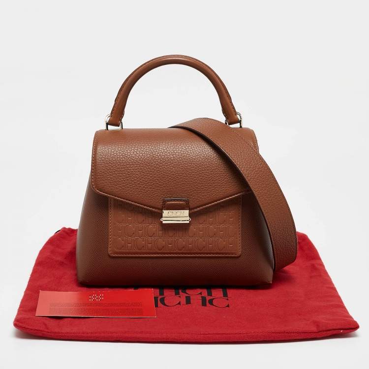 Pre Owned CH Carolina Herrera Brown Monogram Embossed Leather Flap Top Handle Bag