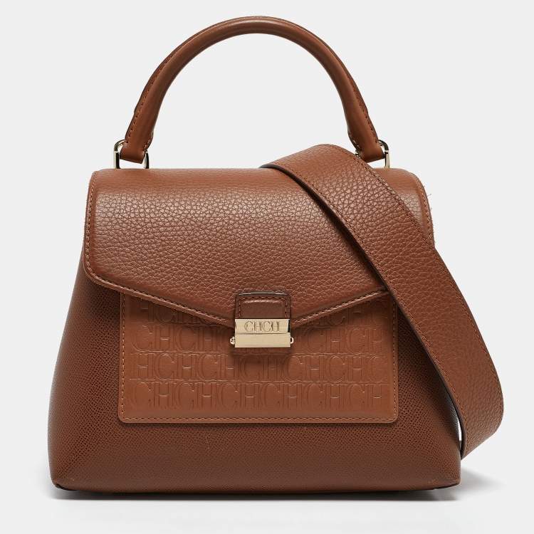Pre Owned CH Carolina Herrera Brown Monogram Embossed Leather Flap Top Handle Bag