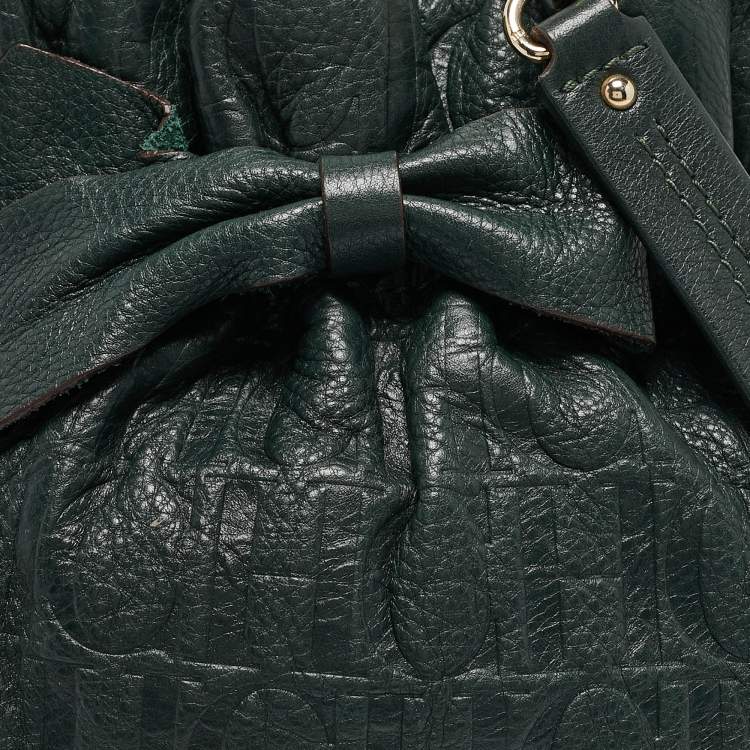 Pre Owned CH Carolina Herrera Green Monogram Embossed Leather Bow Bucket Bag