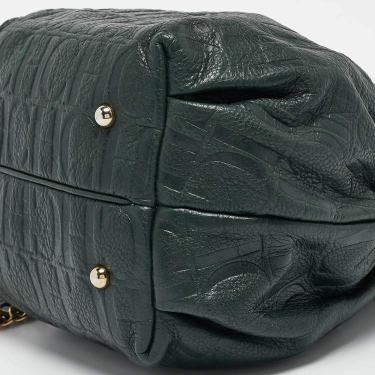 Pre Owned CH Carolina Herrera Green Monogram Embossed Leather Bow Bucket Bag