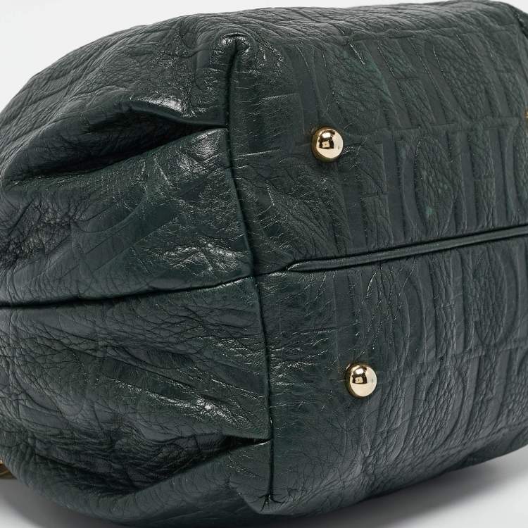 Pre Owned CH Carolina Herrera Green Monogram Embossed Leather Bow Bucket Bag