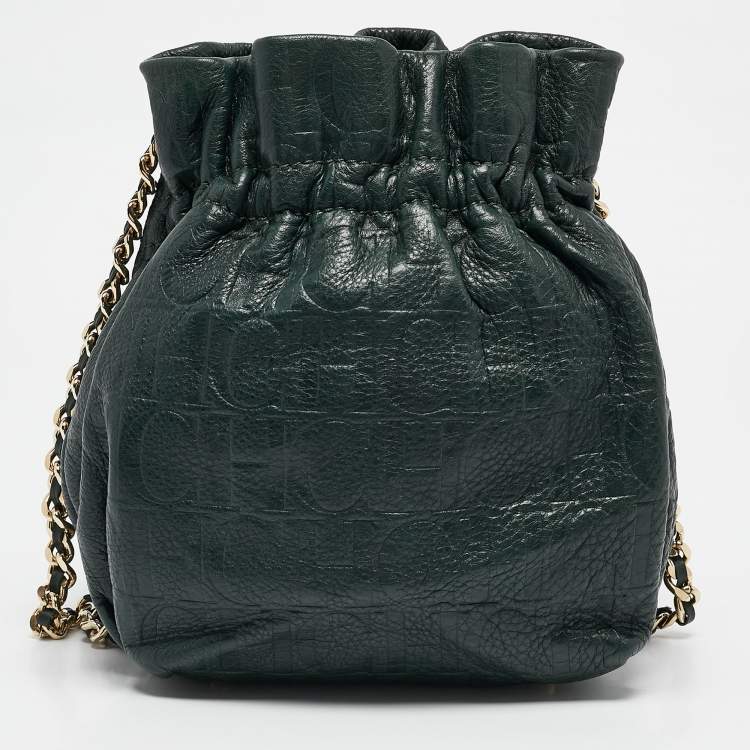 Pre Owned CH Carolina Herrera Green Monogram Embossed Leather Bow Bucket Bag