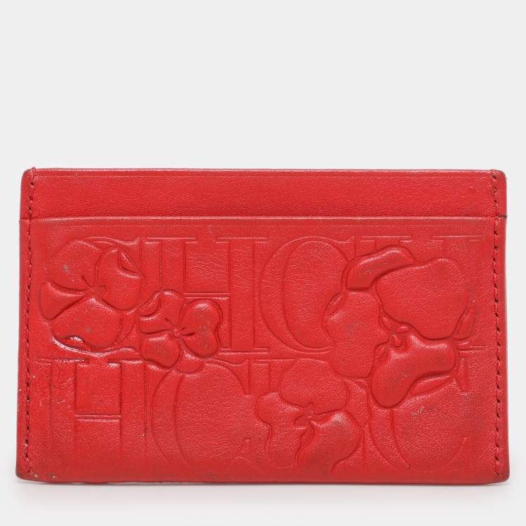 Pre Owned CH Carolina Herrera Red Monogram Embossed Leather Card Holder