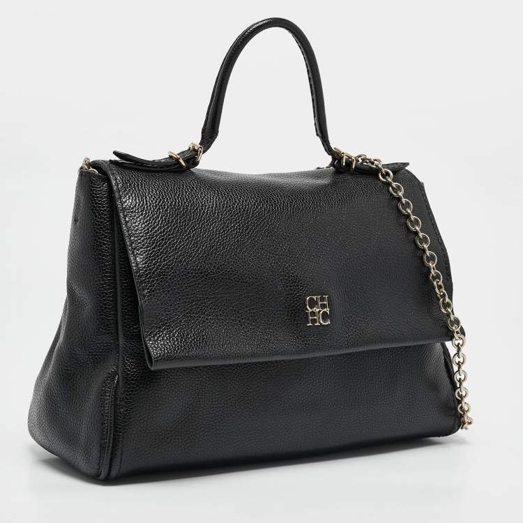 Pre Owned CH Carolina Herrera Black Leather Minuetto Flap Top Handle Bag