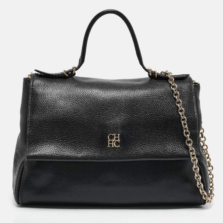 Pre Owned CH Carolina Herrera Black Leather Minuetto Flap Top Handle Bag